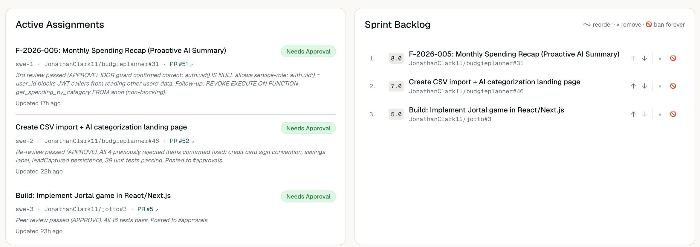 BuckyHQ showing three active assignments all in Needs Approval state